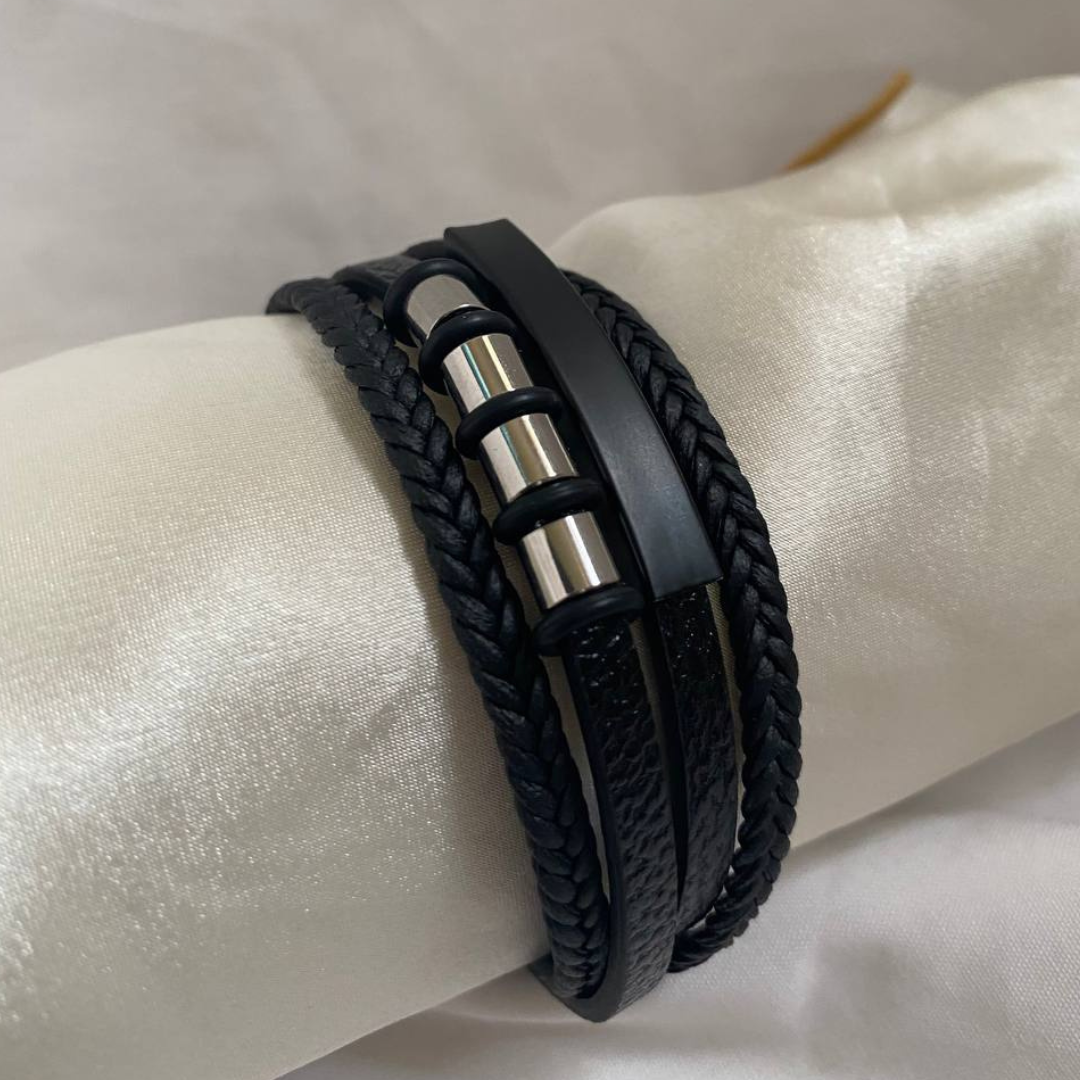 multi-layer black leather bracelet
